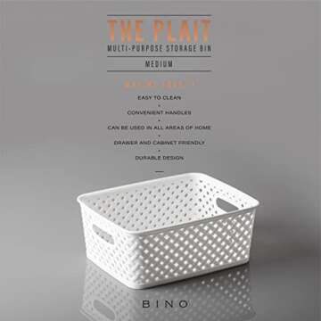 BINO | Plastic Basket, Medium - White | THE PLAIT COLLECTION | Multi-Use Storage Bins | Durable, Drawer & Cabinet-Friendly | Storage Baskets for Organizing | Pantry, Bathroom & Closet Organizer