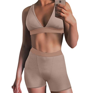 Chic Ekaliy Women's Workout Outfit in Khaki Set - Small