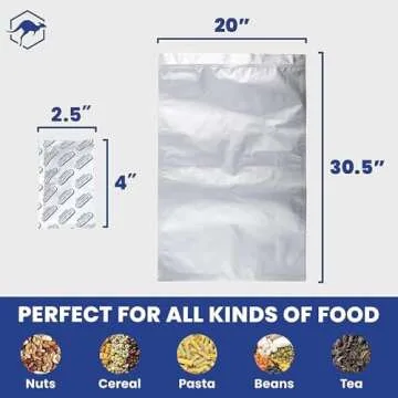 Wallaby 15 Count 5-Gallon Mylar Bags with 2500cc Oxygen Absorbers, 10 Mil Total Thicker Long-Term Food Storage Pouches, 20x30 Resealable Zipper Heat-Sealable Airtight Packaging - Silver