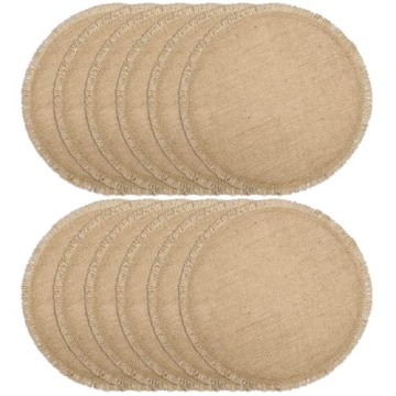 FunWheat Burlap Round Braided Placemats Set of 12 for Dining Tables - 15 Inch Heat Resistant Jute Ta...