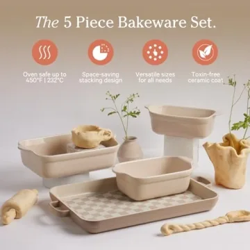 Our Place Bakeware Set | 5-Piece Nonstick, Toxin-Free, Ceramic, Stoneware Set with Oven Pan, Bakers, & Oven Mat | Space-Saving Nesting Design | Oven-Safe | Bake, Roast, Griddle and more | Steam