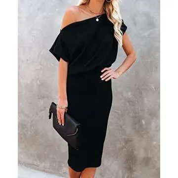 Ezbelle Women's Sexy Off Shoulder Short Sleeve Ribbed Wrap Bodycon Pencil Party Casual Dress Black Large