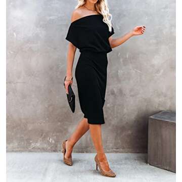 Ezbelle Women's Sexy Off Shoulder Short Sleeve Ribbed Wrap Bodycon Pencil Party Casual Dress Black Large