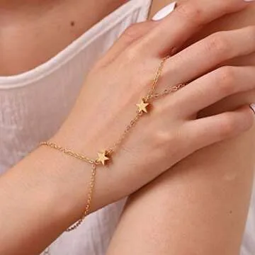 Obmyec Boho Hand Chain Gold Leaf Bracelets Slave Sideways Hand Chains Simple Daily Hand Jewelry Gift for Women
