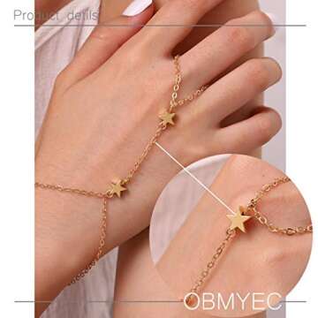 Obmyec Boho Hand Chain Gold Leaf Bracelets Slave Sideways Hand Chains Simple Daily Hand Jewelry Gift for Women