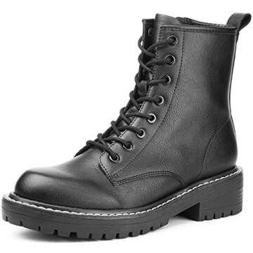 ICHIGO Women’s Fashion Ankle Booties Causal 8-Eye Side Zipper Lace-up Combat Boots(Black leather 7...