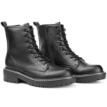 ICHIGO Women’s Fashion Ankle Booties Causal 8-Eye Side Zipper Lace-up Combat Boots(Black leather 7)