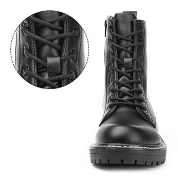ICHIGO Women’s Fashion Ankle Booties Causal 8-Eye Side Zipper Lace-up Combat Boots(Black leather 7)