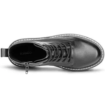 ICHIGO Women’s Fashion Ankle Booties Causal 8-Eye Side Zipper Lace-up Combat Boots(Black leather 7)