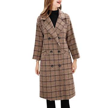 Tanming Women's Double Breasted Long Plaid Wool Blend Pea Coat Outerwear (Brown-XS)