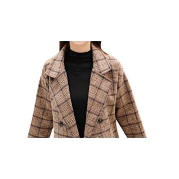 Tanming Women's Double Breasted Long Plaid Wool Blend Pea Coat Outerwear (Brown-XS)