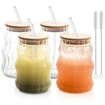 4 Pcs Ribbed Glass Cups With Straws With Lids Set, Water Glasses Set, 18Oz Vintage Drinking Glasswar...