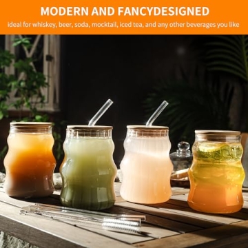 Stylish 4 Pcs Ribbed Glass Cups Set with Lids and Straws