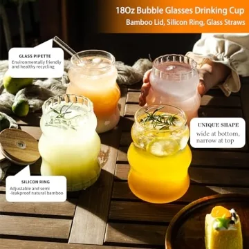 Stylish 4 Pcs Ribbed Glass Cups Set with Lids and Straws