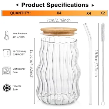 Stylish 4 Pcs Ribbed Glass Cups Set with Lids and Straws