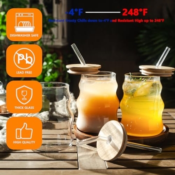 Stylish 4 Pcs Ribbed Glass Cups Set with Lids and Straws