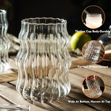 Stylish 4 Pcs Ribbed Glass Cups Set with Lids and Straws