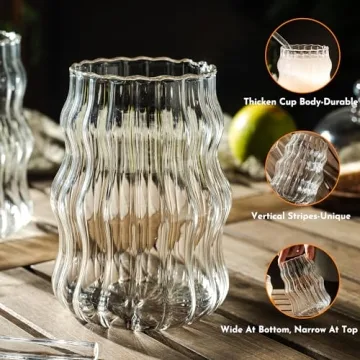 Stylish 4 Pcs Ribbed Glass Cups Set with Lids and Straws