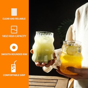 Stylish 4 Pcs Ribbed Glass Cups Set with Lids and Straws