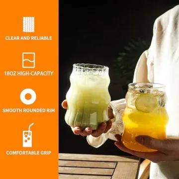 Stylish 4 Pcs Ribbed Glass Cups Set with Lids and Straws