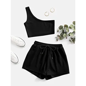 Stylish One Shoulder Tank and Tie-Front Shorts Set