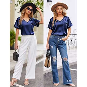 Ekouaer Silk Pajama for Women Short Sleeve Satin Pj Set Two Piece Soft Sleepwear Loungewear Casual Pjs for Summer Navy Blue Medium