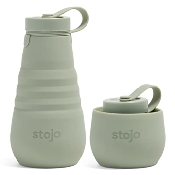 STOJO Collapsible Water Bottle - Sage Green, 20oz / 592ml - Leak-Proof Reusable Silicone Travel Cup for Hot & Cold Drinks - Microwave & Dishwasher Safe