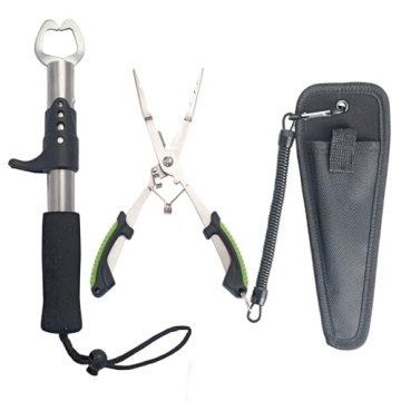 BSPIX Fishing Gear Set - Long Nose Stainless Steel Fishing Pliers 8.5", Fish Lip Gripper, Telescopic...