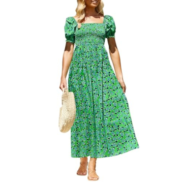 ZESICA Women's 2024 Summer Boho Floral Print Square Neck Ruffle Swing Beach Long Maxi Dress,GrassGre...