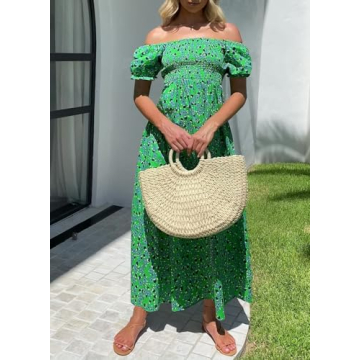 ZESICA Women's 2024 Summer Boho Floral Print Square Neck Ruffle Swing Beach Long Maxi Dress,GrassGreen,Small
