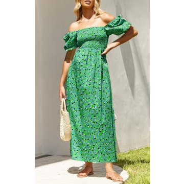 ZESICA Women's 2024 Summer Boho Floral Print Square Neck Ruffle Swing Beach Long Maxi Dress,GrassGreen,Small