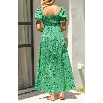ZESICA Women's 2024 Summer Boho Floral Print Square Neck Ruffle Swing Beach Long Maxi Dress,GrassGreen,Small