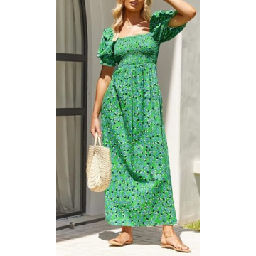 ZESICA Women's 2024 Summer Boho Floral Print Square Neck Ruffle Swing Beach Long Maxi Dress,GrassGreen,Small