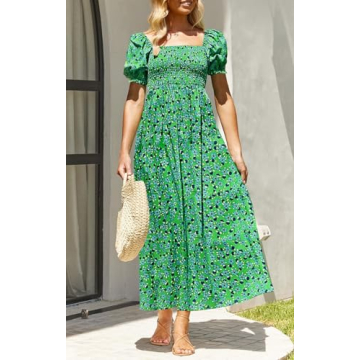 ZESICA Women's 2024 Summer Boho Floral Print Square Neck Ruffle Swing Beach Long Maxi Dress,GrassGreen,Small