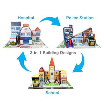 PicassoTiles Master Builder Magnetic Early Educational Toy Building Block Kit with 3 in 1 Playboard for Kid,Baby Ages 3 and Up, STEM Construction with School, Bus, Hospital, Police Station, 300 Piece