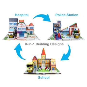 PicassoTiles Master Builder Magnetic Early Educational Toy Building Block Kit with 3 in 1 Playboard for Kid,Baby Ages 3 and Up, STEM Construction with School, Bus, Hospital, Police Station, 300 Piece