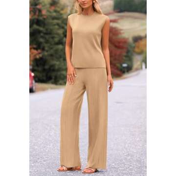 PRETTYGARDEN Women's 2 Piece Outfits Knit Loungewear High Low Pullover Tops and Wide Leg Pants Casual Sweater Sets Tracksuits (Light Camel,Medium)
