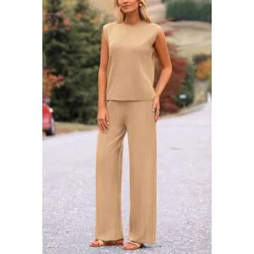 PRETTYGARDEN Women's 2 Piece Outfits Knit Loungewear High Low Pullover Tops and Wide Leg Pants Casual Sweater Sets Tracksuits (Light Camel,Medium)