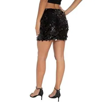 GUANYY Women's Sequin Skirt High Waisted Sparkly Stretchy Shiny Glitter Sexy Mini Skirts Party Club Black Medium