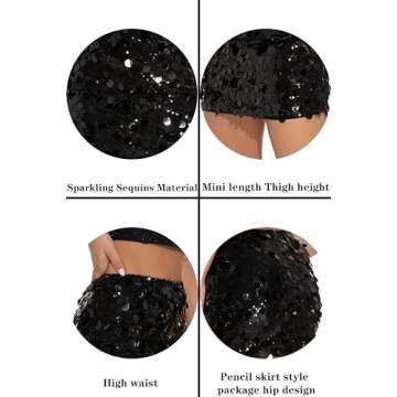 GUANYY Women's Sequin Skirt High Waisted Sparkly Stretchy Shiny Glitter Sexy Mini Skirts Party Club Black Medium