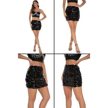 GUANYY Women's Sequin Skirt High Waisted Sparkly Stretchy Shiny Glitter Sexy Mini Skirts Party Club Black Medium