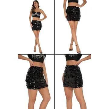 GUANYY Women's Sequin Skirt High Waisted Sparkly Stretchy Shiny Glitter Sexy Mini Skirts Party Club Black Medium
