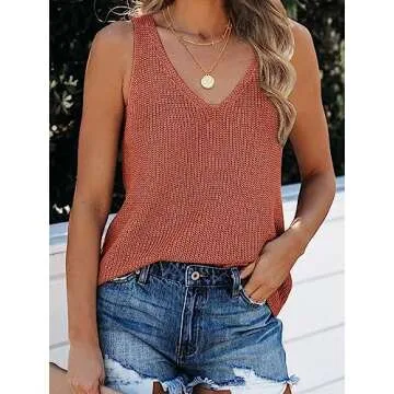 Tutorutor Womens Summer Sleeveless V Neck Sweater Vest Fall Knitted Loose Cami Tank Tops Brick Red