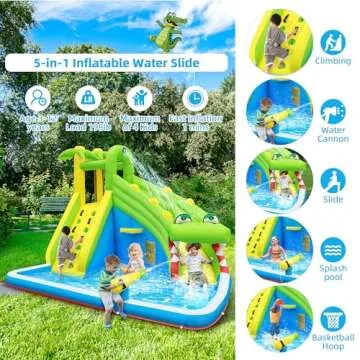 TOAOB Inflatable Water Slide: 5 in 1 Crocodile Bounce House Water Park for Kids - Climbing Wall, Spl...