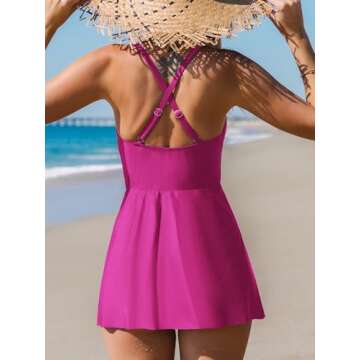CUPSHE Women's One Piece Swimsuit Tummy Control Swim Dress Crisscross Ruched Skirted Bathing Suit with Bottom XL, Magenta