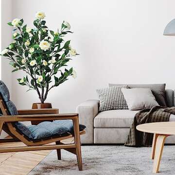 Artificial Camellia Flower Tree Plant for Home Decoration (White)