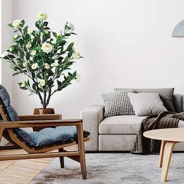 Artificial Camellia Flower Tree Plant for Home Decoration (White)