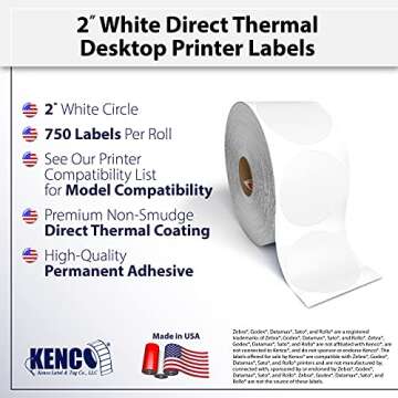 2” Circle Direct Thermal Perforated Stickers Labels for Barcodes, Address, Small Business Labeling...