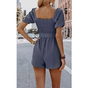 Women's Short Rompers Casual Square Collar Ruffle Sleeves Tie Front Smocked Jumpsuits 143grey Blue Medium