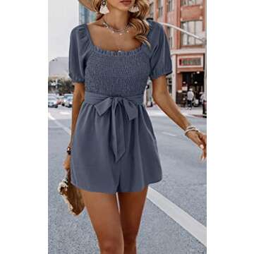 Women's Short Rompers Casual Square Collar Ruffle Sleeves Tie Front Smocked Jumpsuits 143grey Blue Medium